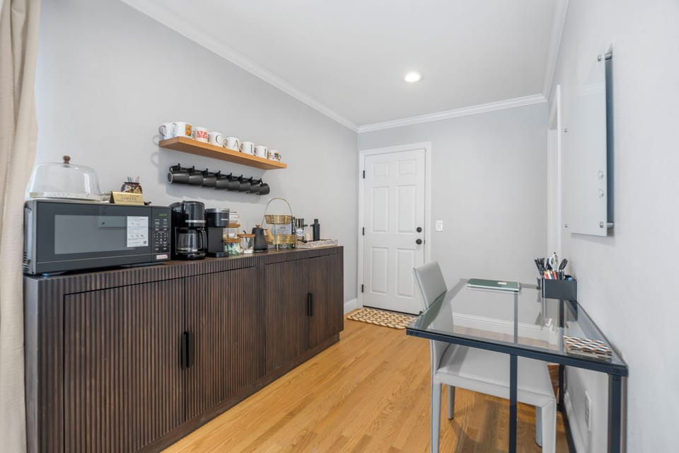 Microwave, drip coffee, Keurig & kettle. Coffe pods, tea, creamer & sweeteners.