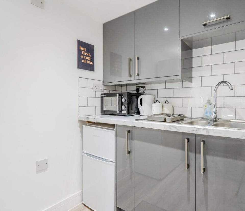Compact kitchenette with essentials for light cooking.