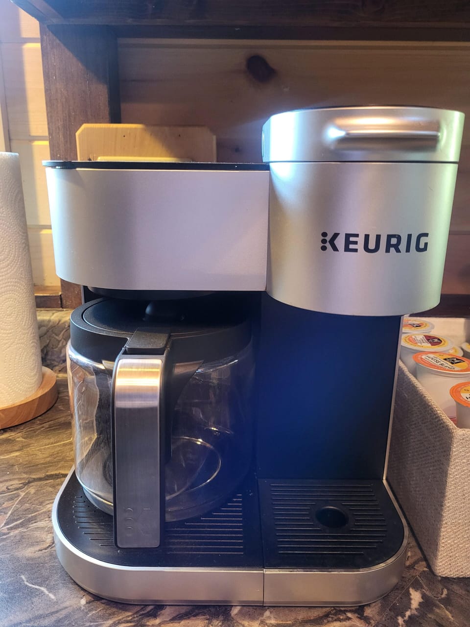 Keurig with some coffee and pods provided