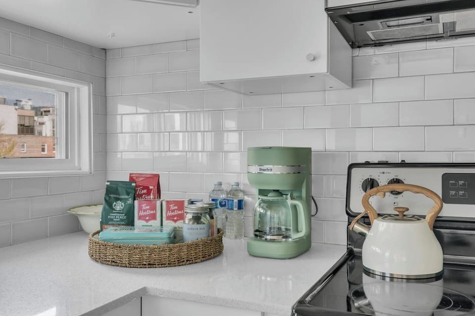 Newly Renovated, Fully Equipped Kitchen with Fridge, Microwave, Coffee Machine, Cooking Essentials & Utensils