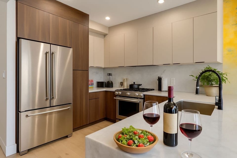 FULLY EQUIPPED KITCHEN! Whip up delicious family meals in this modern space! Stainless steel appliances, ample counter space, and spacious island for gathering. Create culinary memories together. Book your family-friendly Philly escape! #PhillyAirbnb
