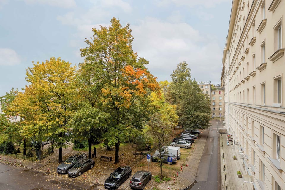 A quiet city street lined with trees in autumn colors. Cars are parked along the road, and the warm tones of the leaves add beauty to the scene.