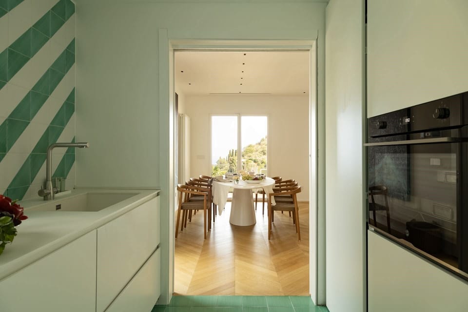 The sleek contemporary kitchen.