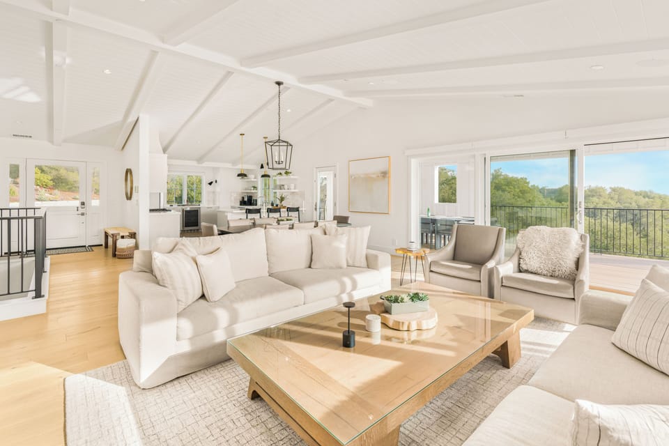 Open-concept living room in the main house.