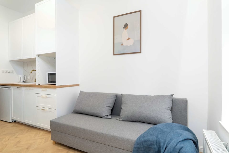 A modern gray sofa facing a simple kitchenette with light wood finishes. The open layout makes efficient use of space.