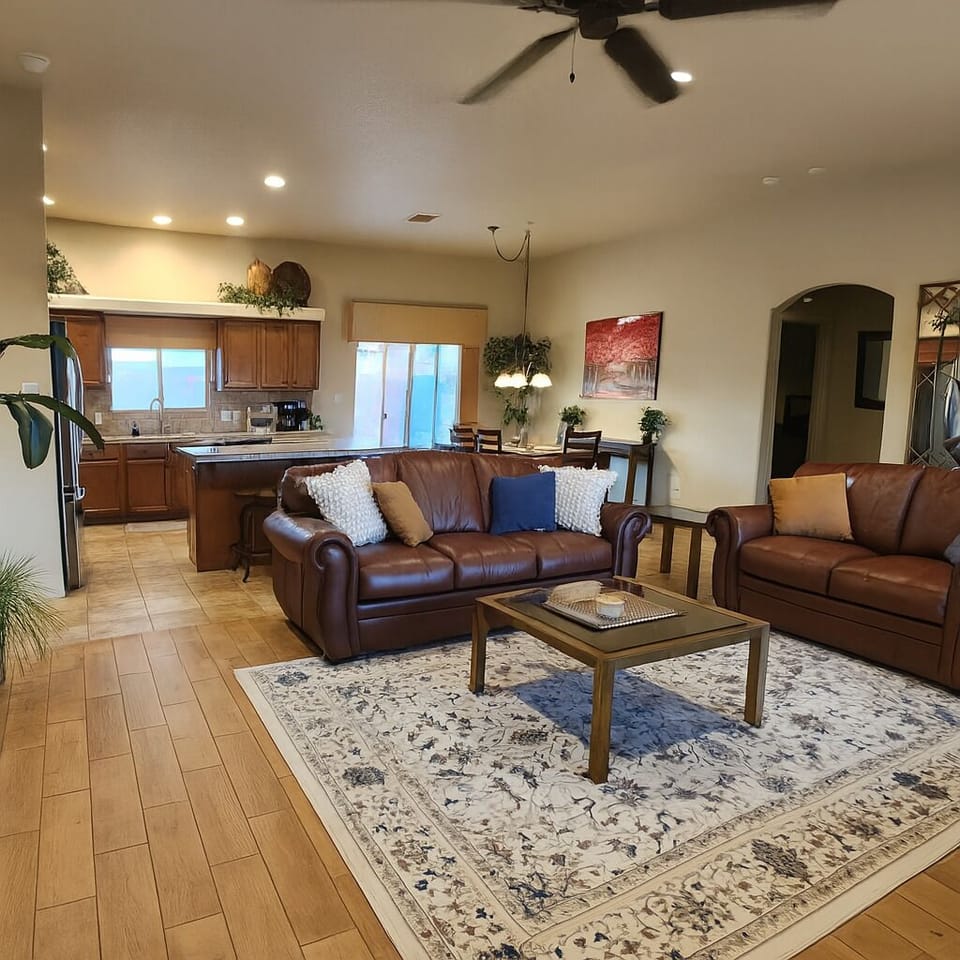 Comfortable living space - real leather couches. 