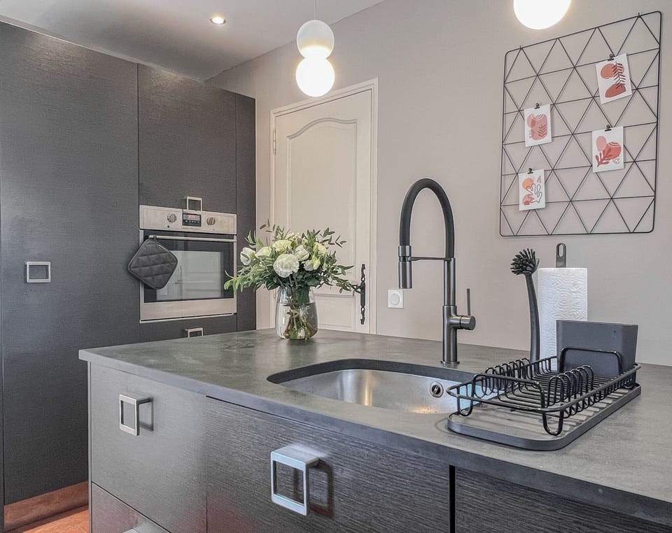 Fully equipped kitchen with oven, fridge, freezer, dishwasher, stove.