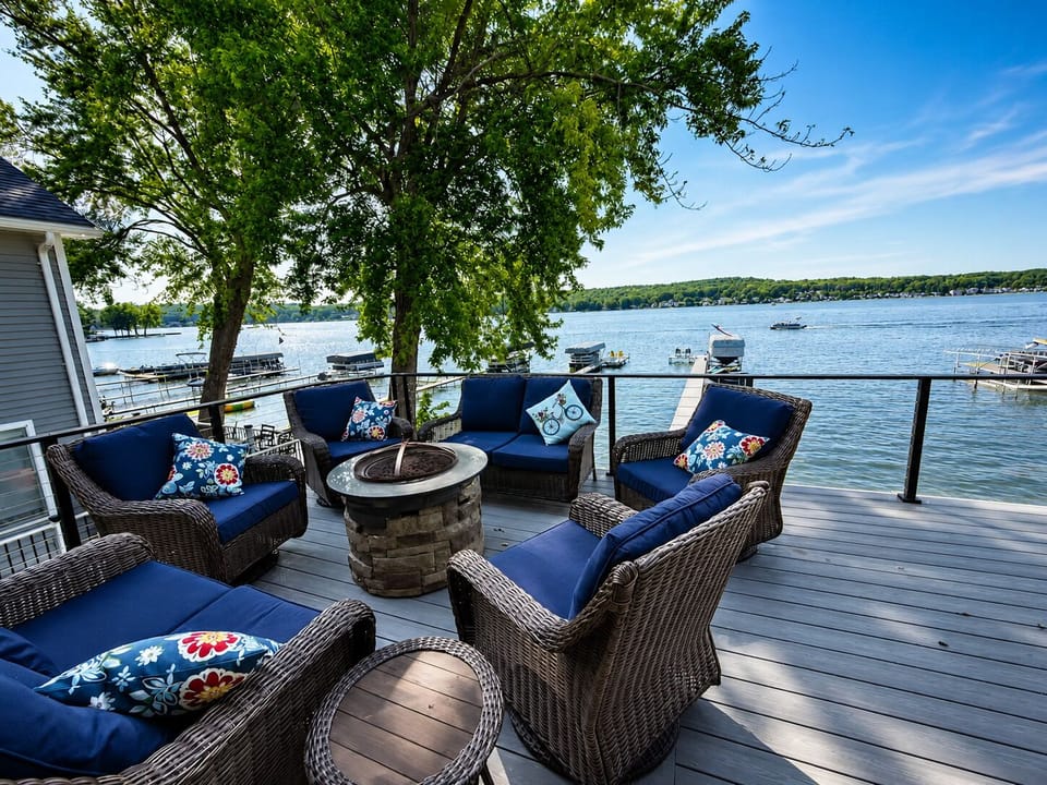 Outdoor deck with firepit and beautiful views of the lake