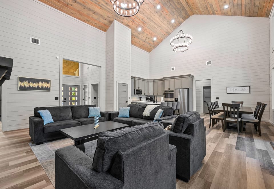 The open layout makes it easy to stay connected whether you’re relaxing by the fire or chatting from the kitchen.