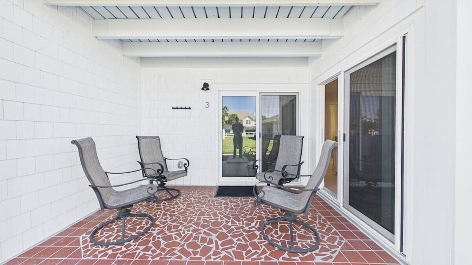 Spacious patio with ample seating and scenic views