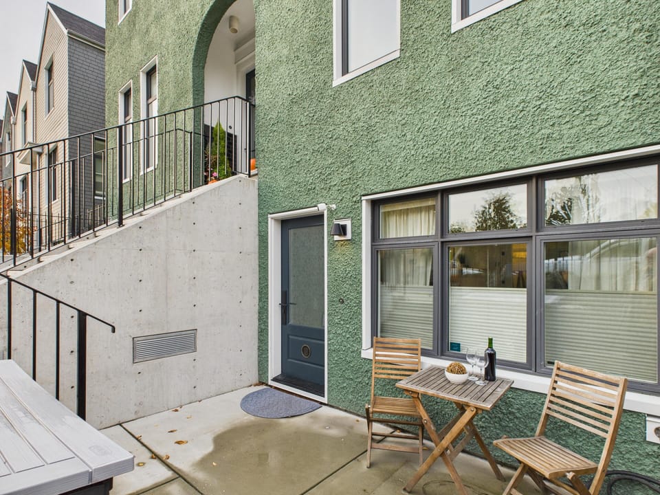 Outdoor patio with charming bistro seating for two