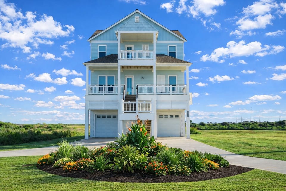 Beautiful elevated coastal beach house exterior in Galveston, Texas featuring spacious balconies, coastal architecture, and scenic views near the beach on Bay Breeze Drive.