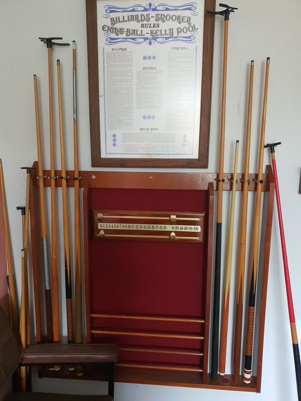 Cosy Nook Games Room - Cue rack, rules & scoreboard