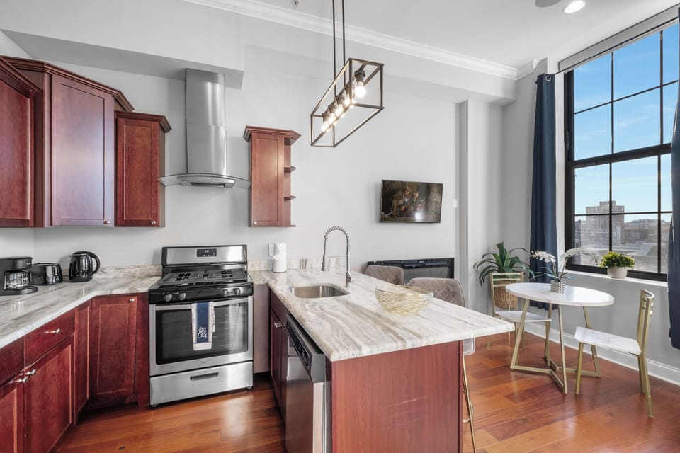 Professional-style gas range with ample cooking space.