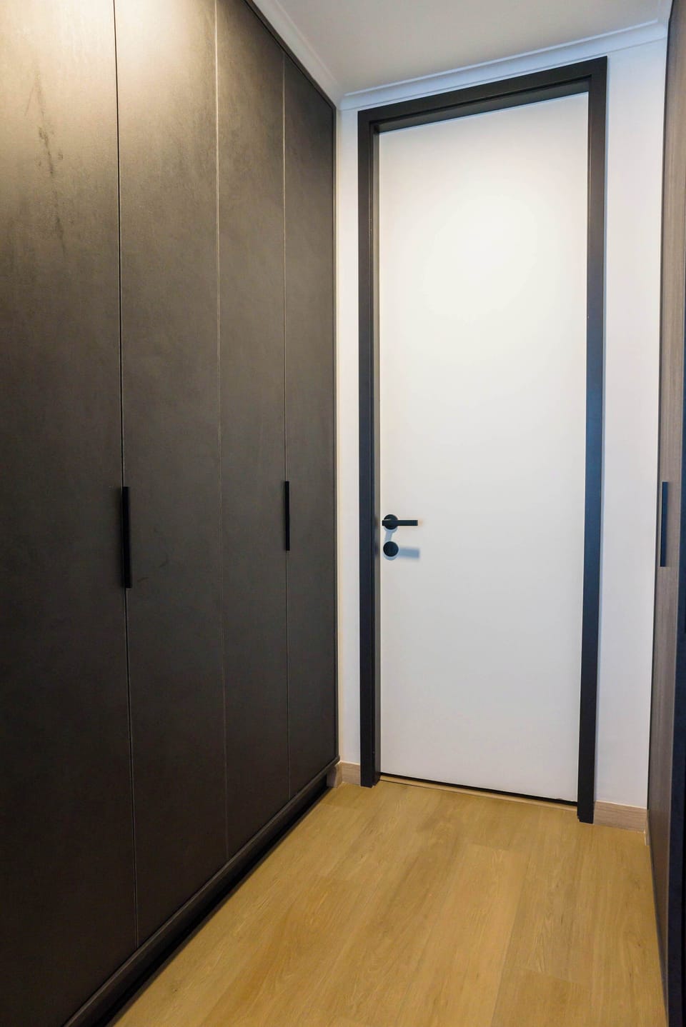 Modern hallway with ample storage and sleek design, perfect for organizing your stay.