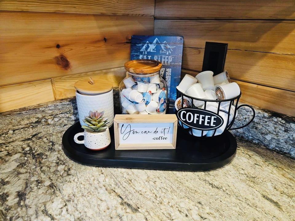 K-Cups for Keurig, Dunkin Donuts coffee, flavored creamer, & variety of sugars.