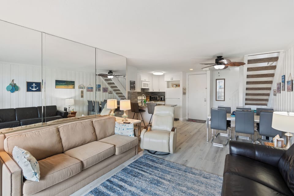 Spacious open-concept living and dining area