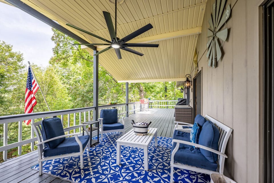 Spacious Covered Deck| Comfortable Lounge Area with Ceiling Fan & Scenic Views