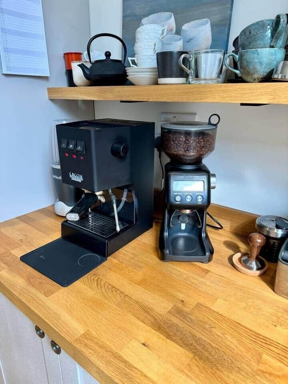 Gaggia Classic Pro Espresso Machine, Sage Smart Grinder Pro and Nutribullet.