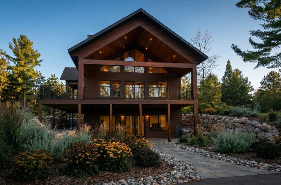 New build w/lake views from all levels! 3k+ sq.ft, 5-bdrm / 3bath, ramp access, covered wrap-around deck, finished lower-level walk out to the fire-pit area and path to private boat dock, and views of sunrise and sunset.  (Landscape AI Enhanced)