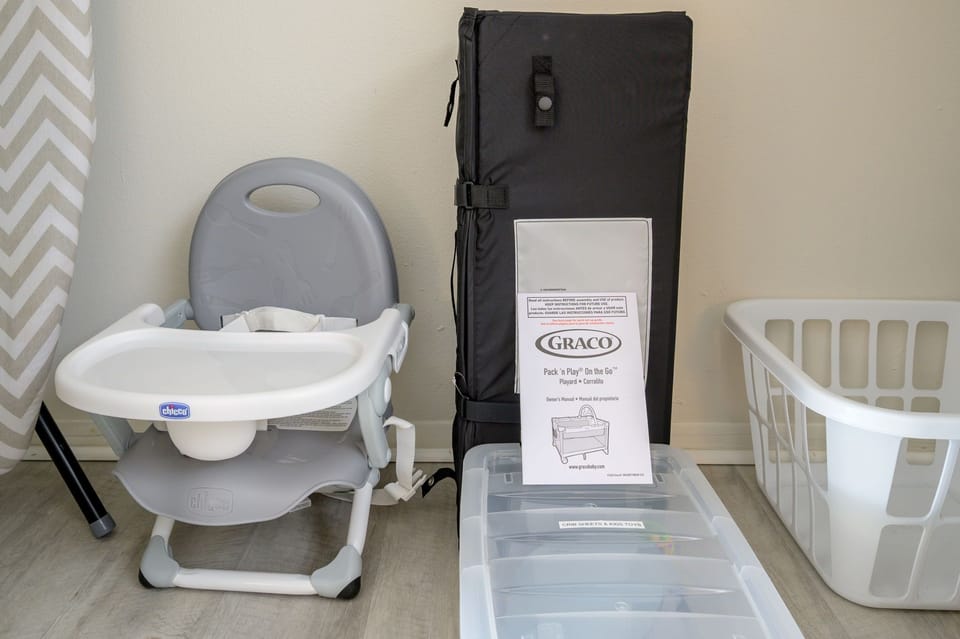 Traveling with little ones? Enjoy peace of mind with brand-new baby gear, including a Graco Pack ’n Play, Chicco booster seat, and essentials ready to make your stay comfortable for the whole family.