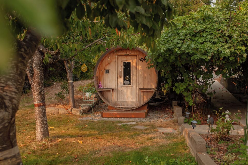 Wood barrel sauna. Electric, easy to use and wonderful. Hot & steamy anytime. 