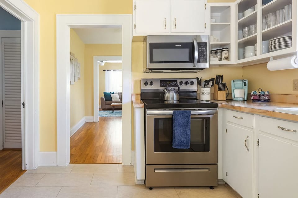 Fully equipped kitchen and stocked coffee station for easy meals and mornings.