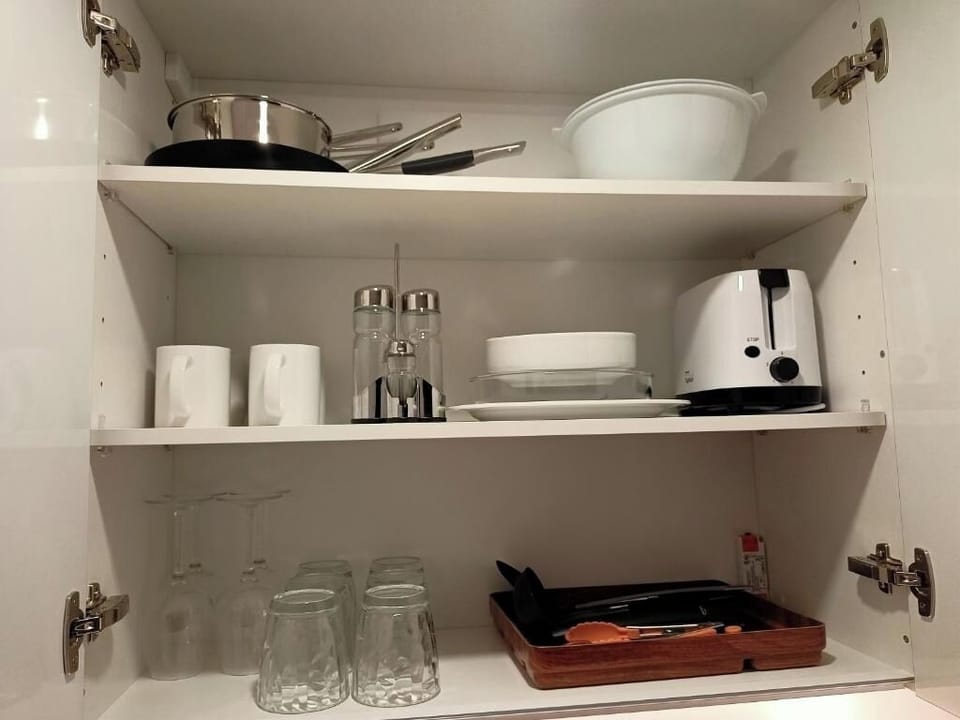 Feel at home with stocked shelves for snacks and simple meals