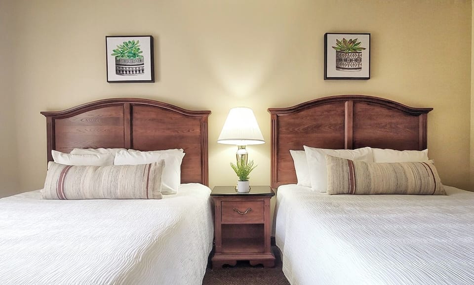 Drift off easily in plush double beds with soft lighting.