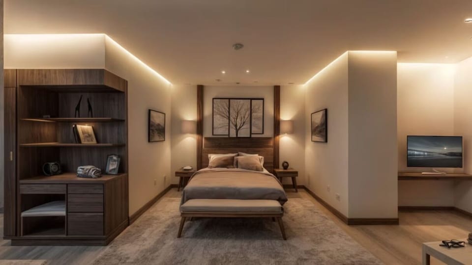 Sink into plush bedding under warm, calming ambient lights.