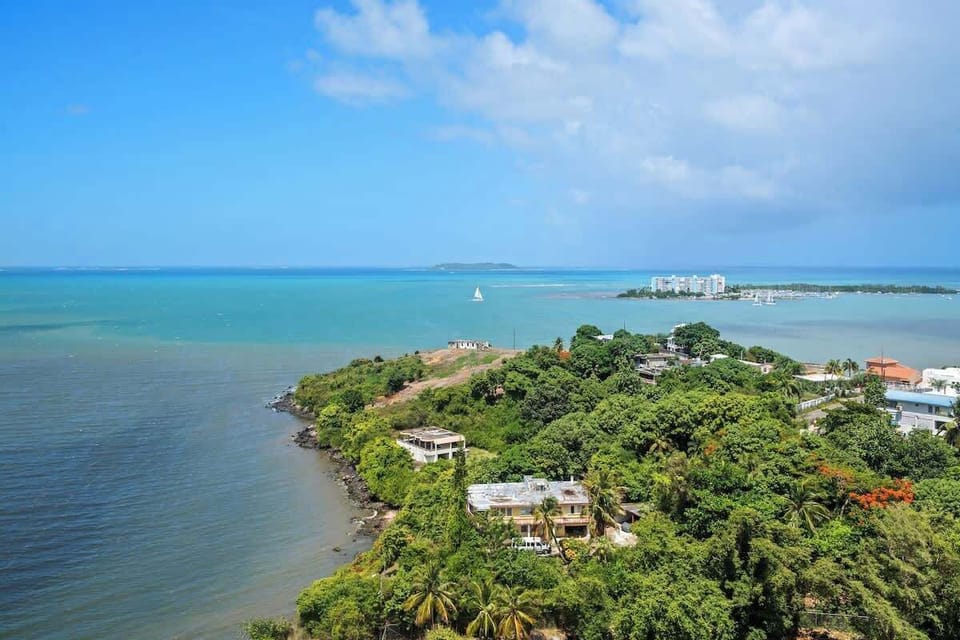 Witness breathtaking panoramic views! This stunning shot captures the expansive beauty of the sparkling blue ocean or bay, surrounded by lush green landscapes, promising an unforgettable backdrop to your stay.