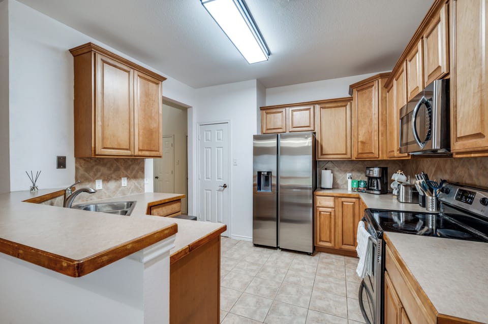 Full kitchen with coffee bar to start your day. Has spices and cooking equipment