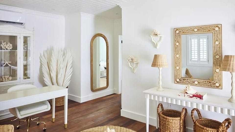 Settle in and plan the day at a chic desk.