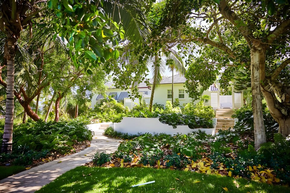 Arrive via a tranquil garden path wrapped in greenery.