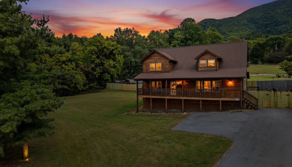 As the sun sets behind the mountains, the cabin glows with warmth and welcome. Whether you`re returning from a hike or just settling in, the twilight views are pure Smoky Mountain magic.