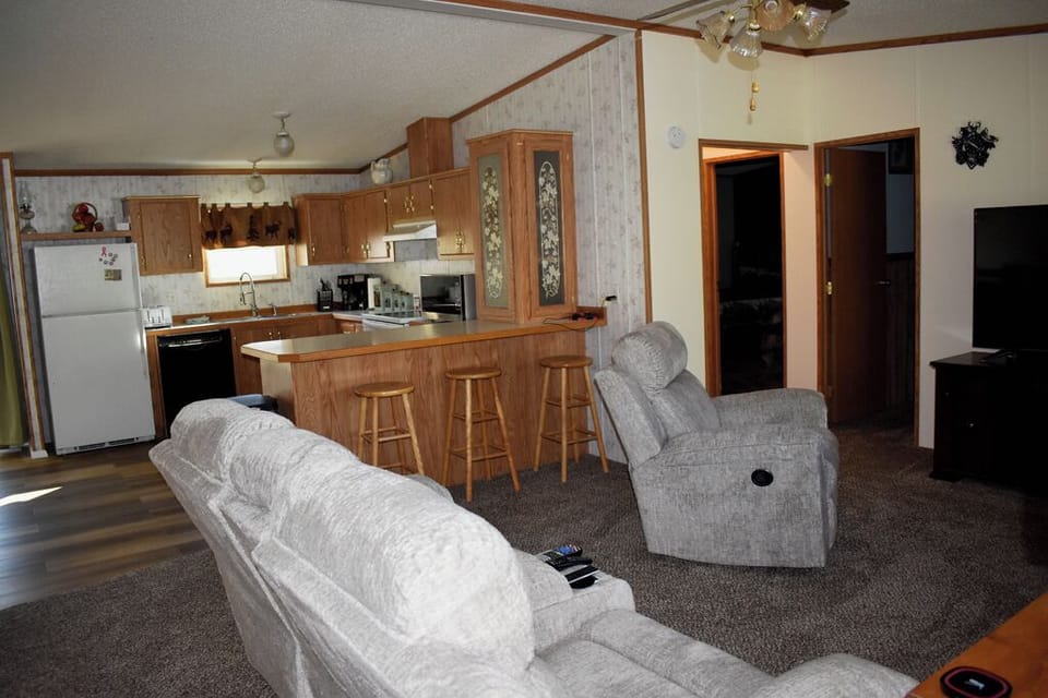 looking at kitchen from front door. Open living room and Kitchen concept.