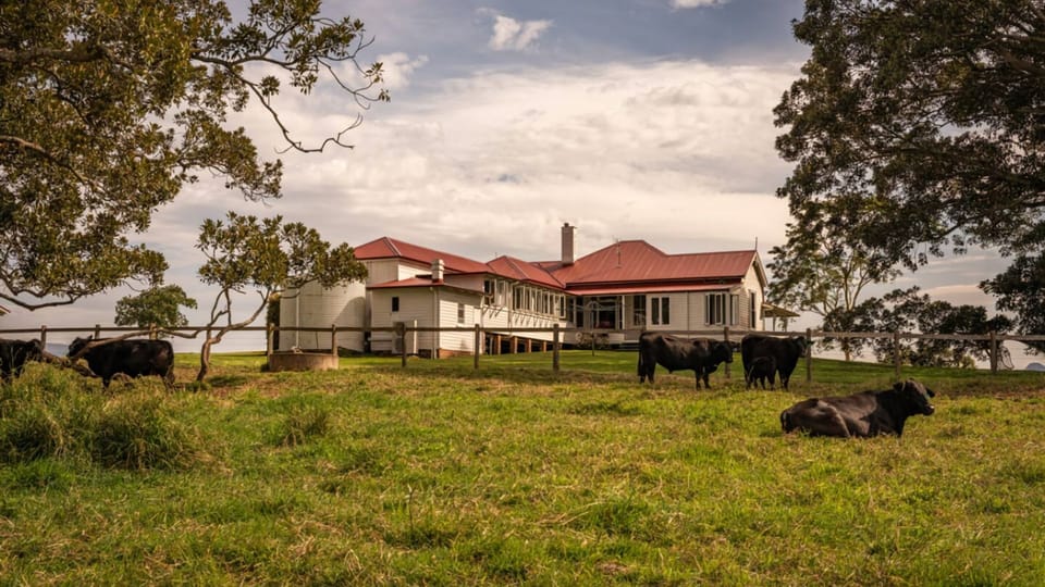 Heritage farmhouse surrounded by open paddocks.