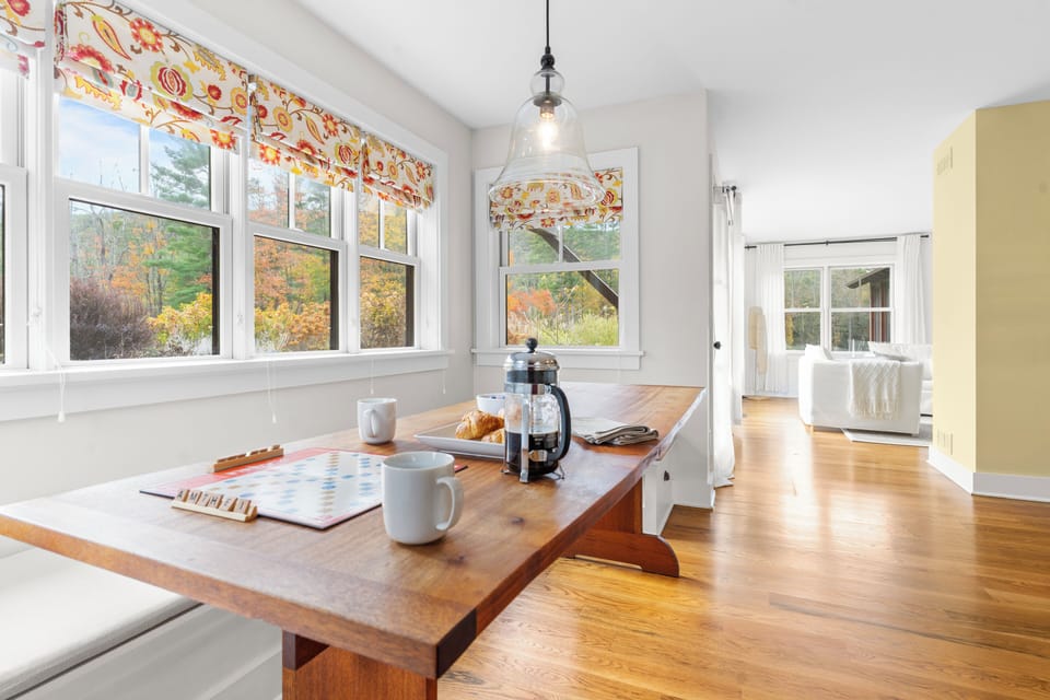 Bright breakfast area with garden views.