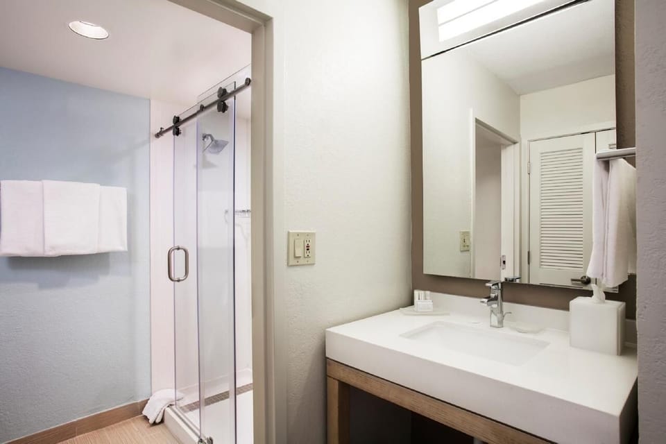 Full bathroom with a shower. Basic toiletries and towels are provided