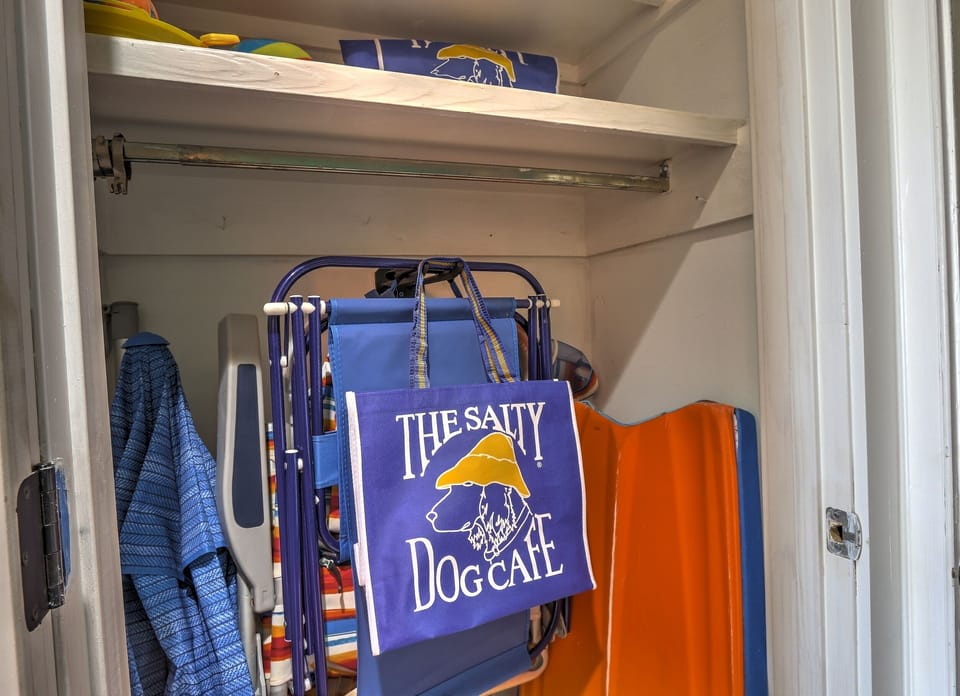 Beach chairs, umbrella, yoga mats and toys