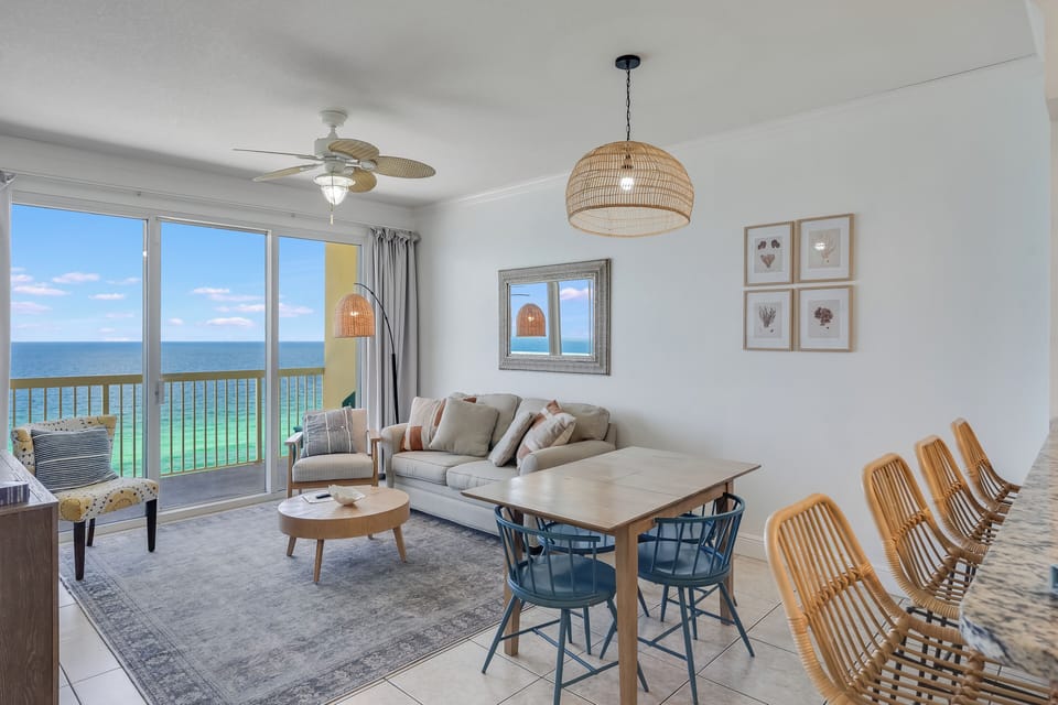 Bright coastal living room with turquoise Gulf views—relax and soak in paradise