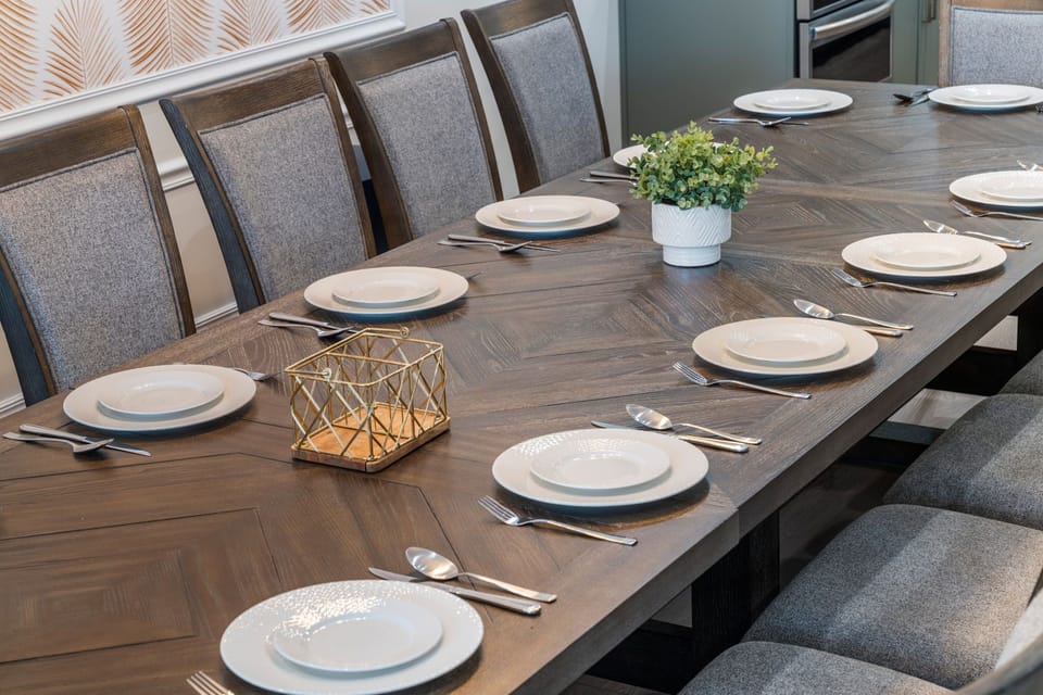 Dining Table (Close-up): Oversized set for your group's holiday meals.