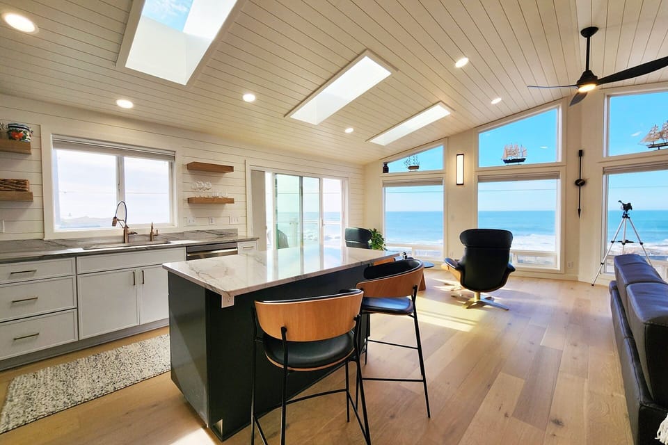 Kitchen island is the perfect perch to enjoy a cup of morning tea.