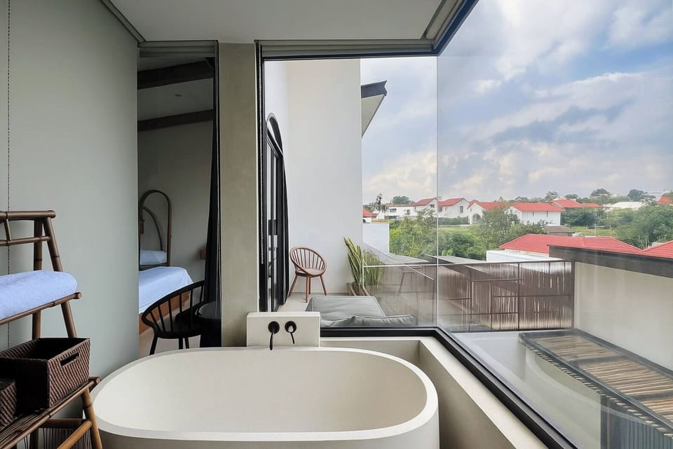 Gorgeous rice field and village views from the main bathroom.