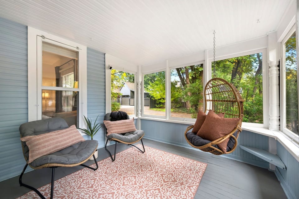 Front Entrance | Enclosed Sunroom with Lounge Seating