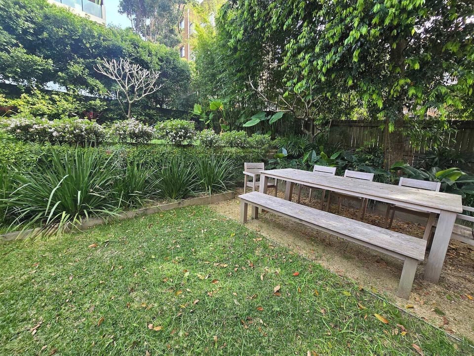 Outdoor seating in the shared garden. This space is used by other residents – no BBQs, parties or fires permitted.