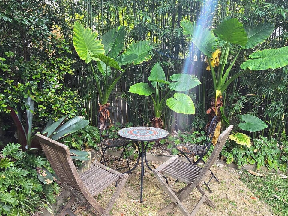 Private-feeling corner of the shared garden with two chairs and a small table. Good spot for coffee or reading when not in use by other residents.