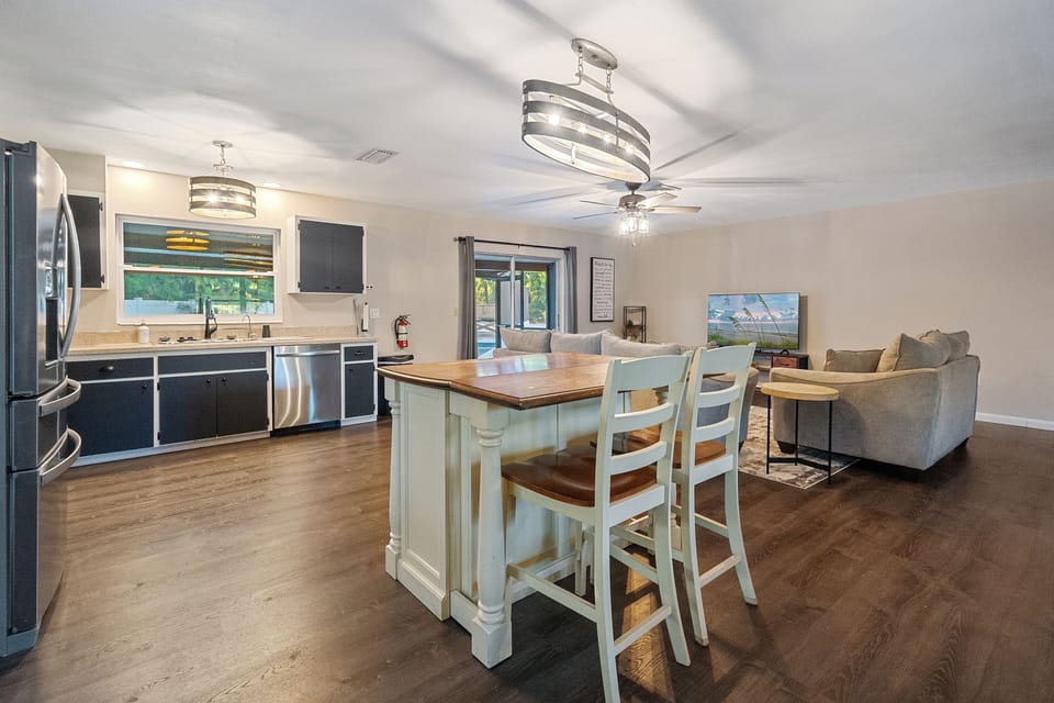 The kitchen island has bar seating.