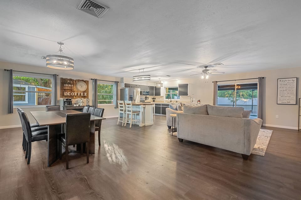 Great open floor plan connects the living room, dining room, and kitchen space!
