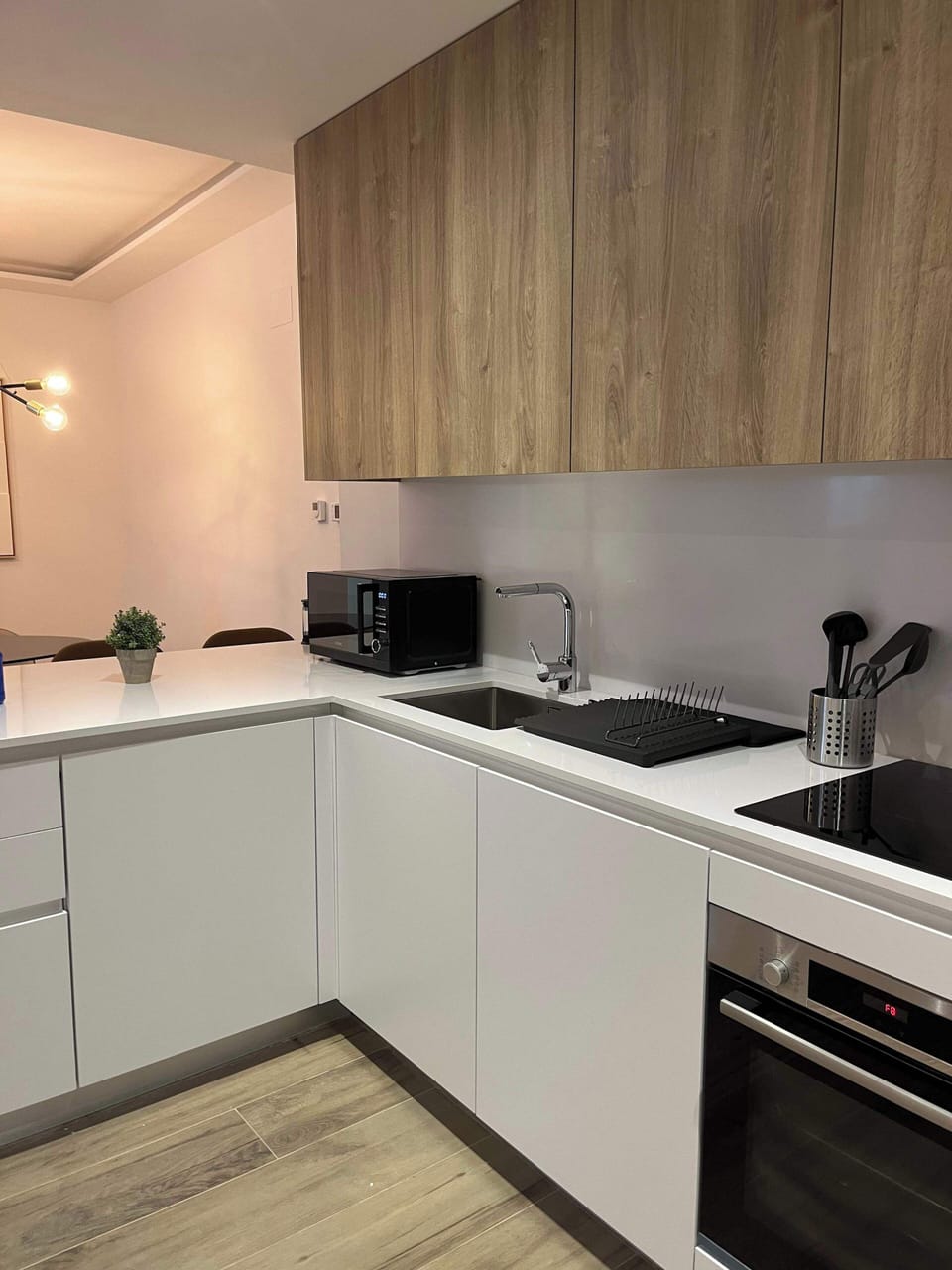 Kitchen counter and cabinets.